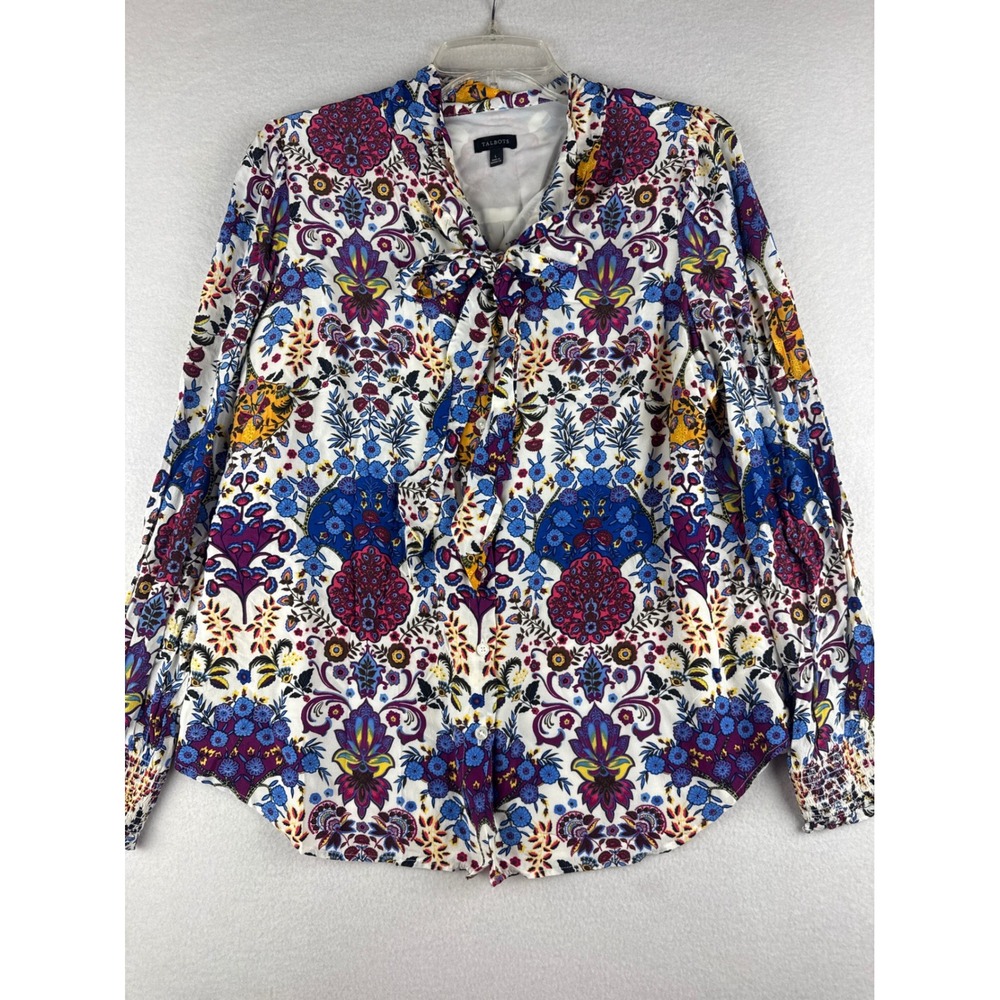 Talbots Womens Large Paisley Floral Tie Neck Blouse Long Sleeve Button Down Top